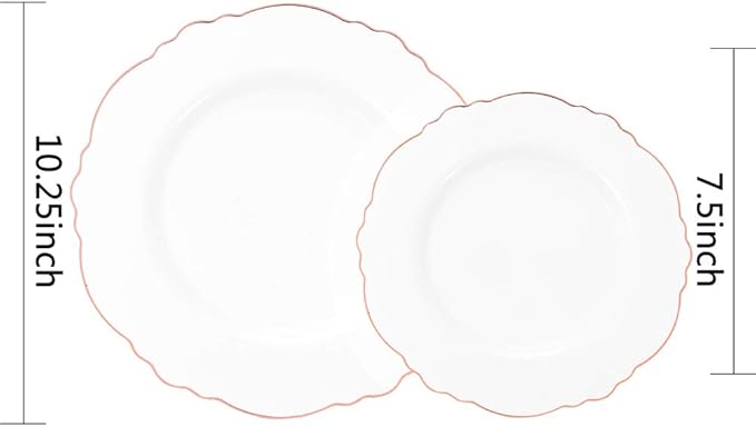 WDF 60pcs Rose Gold Plastic Plates-Baroque White &Rose Gold Disposable Plates including 30Plastic Dinner Plates 10.25inch, 30 Salad Plates 7.5inch for Wedding, Parties, Valentines Day