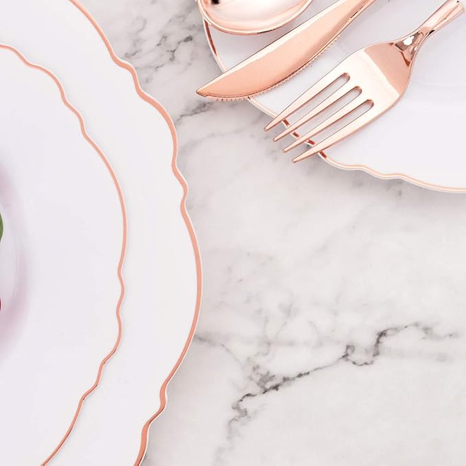 WDF 60pcs Rose Gold Plastic Plates-Baroque White &Rose Gold Disposable Plates including 30Plastic Dinner Plates 10.25inch, 30 Salad Plates 7.5inch for Wedding, Parties, Valentines Day