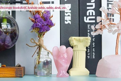 YATOJUZI 2" Rose Quartz Angel Decor Healing Crystals Polished Natural Stone Sculpture Statue Hand Carved Cute Figurines Energy Reiki Pink Home Room Office Desk Decoration Guardian Gifts for Women Men