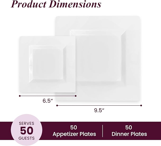 Aya's 100ct Square Plastic Disposable Plates, White - 9.5-Inch 50 Dinner and 6.5-Inch 50 Salad Plates for Party - Heavy-Duty Hard Plastic Design for Wedding, Event, Christmas, and Thanksgiving