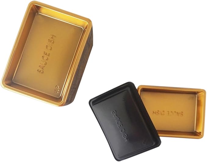 Disposable Small Sushi Tray, Plastic Mini Dipping Bowls, Tiny Serving Rectangle Plates, Soy Sauce Dishes, Seasoning Platter for Parties, BBQ, Home, Restaurant - 100PCS, Gold