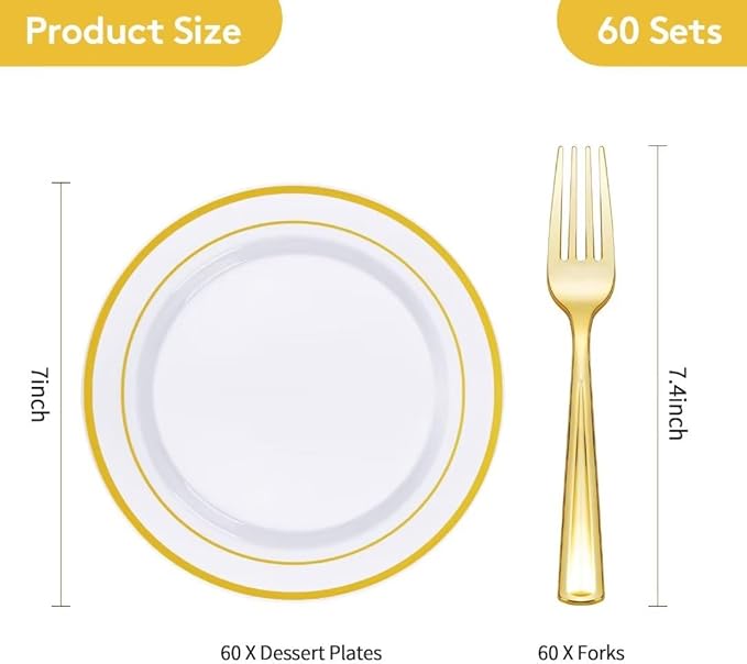 Goodluck 120PCS 7" Gold Dessert Plastic Plates with 7.4" Forks, Gold Appetizer Plates for 60 Guests, Including 60 Disposable Cake Plastic Plates and 60 Forks for Wedding/Birthday/Christmas Party