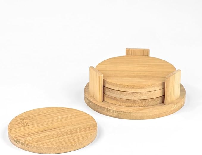 Sublimation Wood Coasters Blanks 4 Pack with Holder Bamboo Round Square Cup Coaster Mats for Sublimation Transfer Heat Press Printing DIY Crafts (Round)