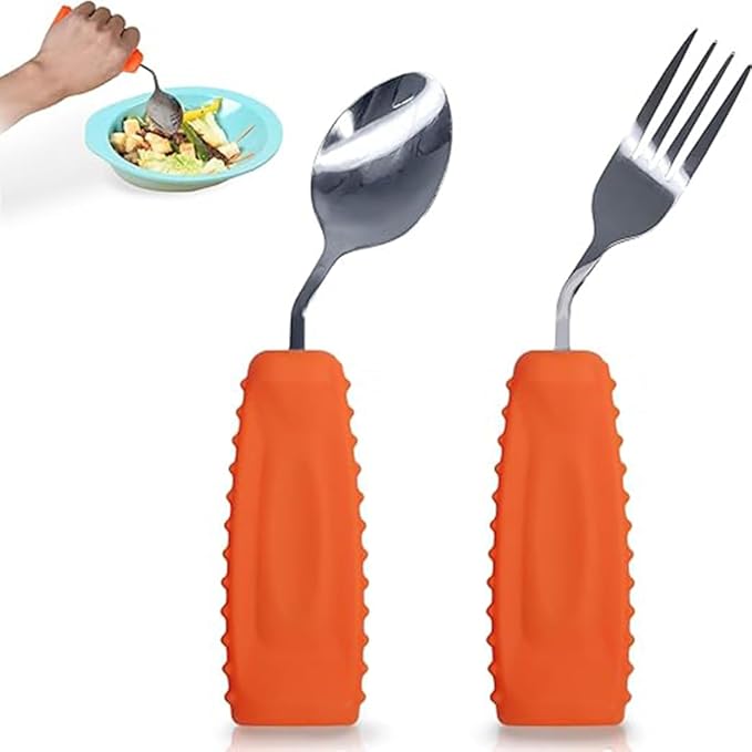 Adaptive Utensils for Hand Tremors,Weighted Utensils with Non-Slip Handle to Easy Grip for Elderly Use(Left Hand 1 pc Fork+1 pc Spoon=2 pcs,Orange)