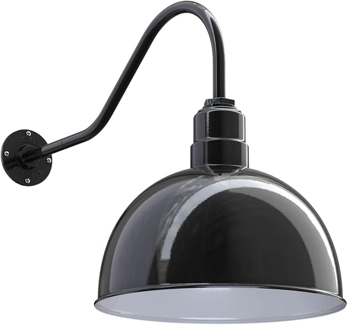 Steel Lighting Co. Hollywood Bowl Light | Outdoor Wall Mounted | 15 inch Bowl Dome | 23 inch Gooseneck | Barn Light Made in America | Black Exterior/White Interior