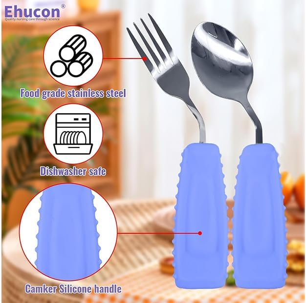 Adaptive Utensils Angled Spoon and Fork for Hand Tremors Parkinsons,Weighted Utensils with Non-Slip Easy Grip Handles for Independent Eating (1pcs Spoon+1pcs Fork=2 pcs,Purple,Right Hand)