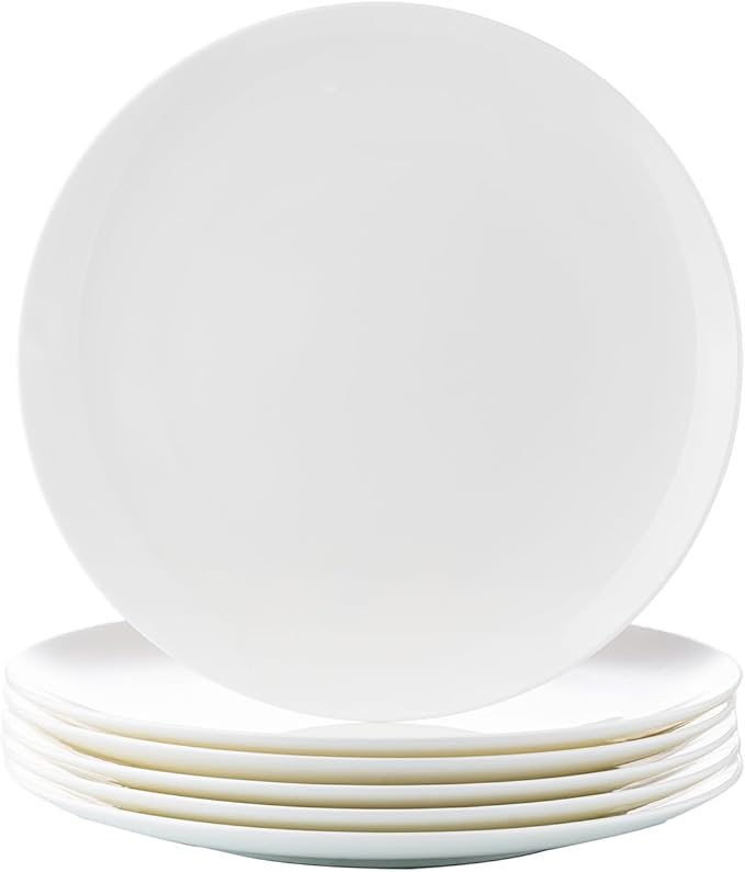 Fine Bone China Dinner Plates 6-Piece, Flate Plate, Pasta Plate 10.75 Inches, Fine Glaze With Pure White Color Sturdy and Durable, Thin Thickness and Light Weight, Microwave and Dishwasher Safe