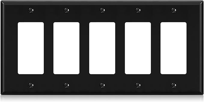 ELEGRP 5-Gang Decorative Wall Plates, Standard Size 4.52" H x 10.03" L Unbreakable Thermoplastic Faceplate Cover for Decorator Receptacle Outlet Switch, UL Listed (1 Pack, Glossy Black)