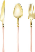 Lullaby 150pcs Gold Plastic Silverware, High End Disposable Cutlery with Pink Handle Include 50 Forks, 50 Spoons, 50 Knives, Perfect for Birthdays, Parties, Weddings, and More
