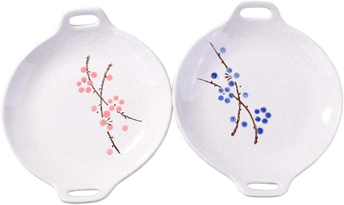 Japanese Hand-painted Ceramic Dinner Plates, Ceramic Dinner Plate Set of 2, Household Tableware(Red and blue)