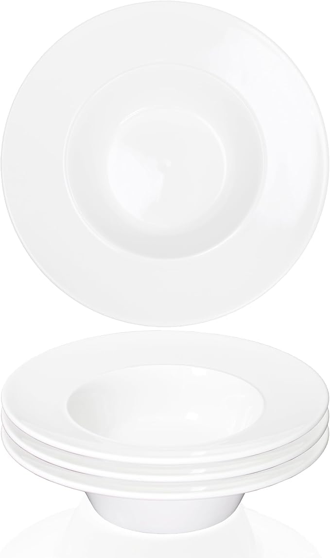 Soup Bowl Soup Plates with Rim 12 oz, Pasta Bowl Set of 4, White Shallow Bowl Plate, Ceramic Wide Rimmed Soup Bowl, Best choice for high-end restaurants, hotels, and foodies, 9 Inch