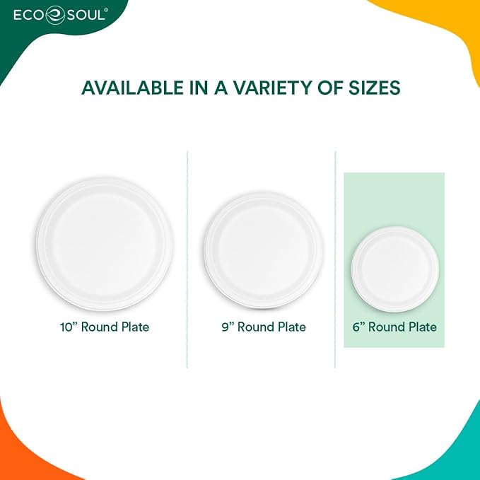ECO SOUL 9 Inch Compostable Disposable Paper Plates [200 Pack] Food Safe 100% Virgin Bagasse Pulp Heavy Duty Biodegradable Microwave Safe Large Round Dinner Plate for Party, Picnic & BBQ (White)