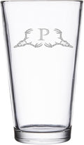 Hat Shark Deer Skull Letter Monogram Pint Beer Glass, 16 oz, Clear, A-Z Initials (1, Letter P)