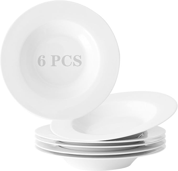 8.5 Inch Ceramic Soup Plate Set of 6, 8 Ounces Wide Rimmed Porcelain Soup Bowl, White Pasta Plates for Salad, Appetizer, Snack, Pizza, Microwave and Dishwasher Safe