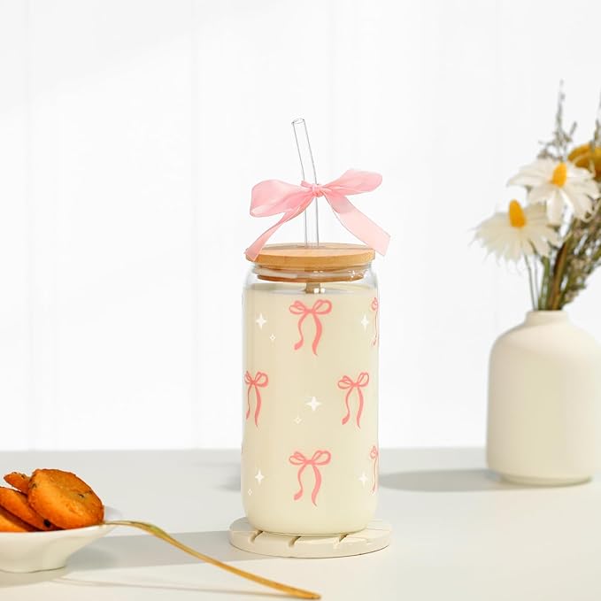 Coquette Pink Bow Glass Cup with Lids and Straws, 16 oz Cute Glass Cup, Aesthetic Iced Coffee Tumbler with Gift Box Cleaning Brush for Teen Girls Gifts Trendy Stuff Women Girlfriends Gifts