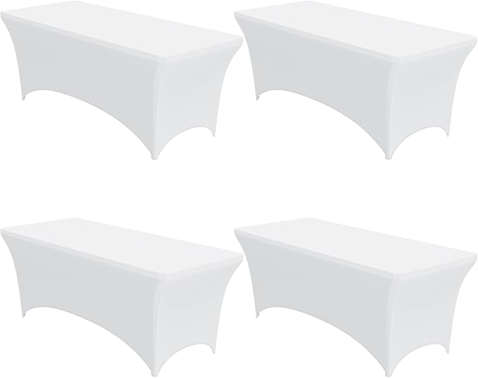 4-Pack White Spandex Tablecloths – 96"x30"x30" Stretch Fitted Table Covers for 8ft Rectangle Folding Tables, Wrinkle-Resistant Tablecloth for Wedding, Banquet & Outdoor Events