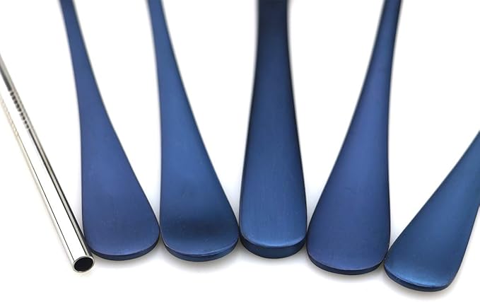 JASHII Modern Royal 5 Pcs Matte Blue 18/10 Stainless Steel Utensils Cutlery Dinnerware Set w/Straw, Knife Fork and Spoon Flatware Set for Wedding Festival Christmas Party Service for 1