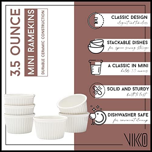 Vikko White Ramekin, Set of 6 Fine Porcelain Ramekins, Stackable 3 Inch Bowls, 3.5 Ounce Dips Dish, Dishwasher Safe