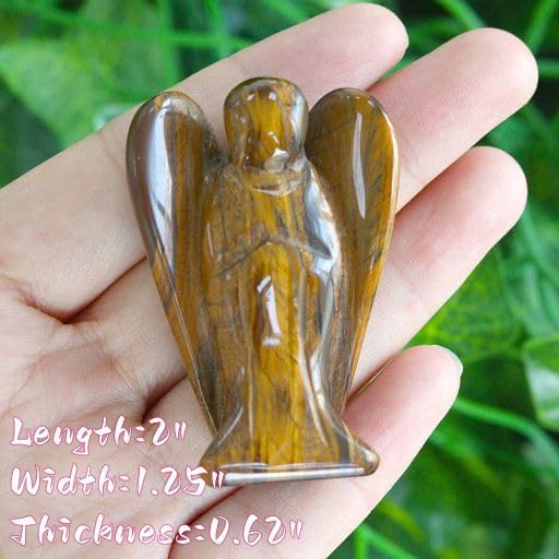 YATOJUZI 2" Tigers Eye Angel Decor Healing Crystals Polished Natural Stone Sculpture Statue Hand Carved Cute Figurines Energy Reiki Home Room Office Desk Decoration Guardian Gifts for Women Men