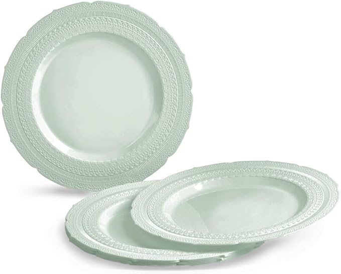 " OCCASIONS " 960pcs set (120 Guests) Extra Heavyweight Vintage Wedding Disposable/Reusable Plastic Plates -120x11'' +120x8.25''+Silverware+Cups+Napkins (Chateau in Mint)