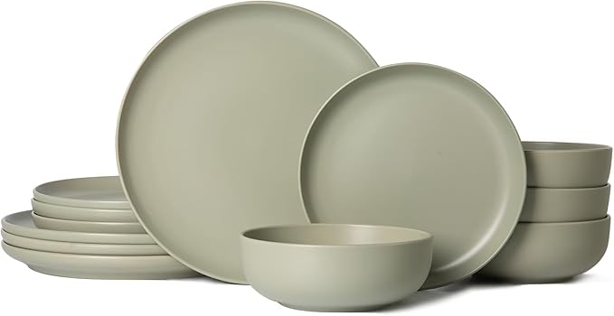 12-Piece Stoneware Dinnerware Set with Mugs | Microwave and Dishwasher Friendly | Stackable Matte Glaze Plates & Bowls | Service for 4