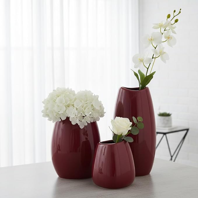 hjn Ceramic Vase Set of 3 Red Flower Vase for Home Decor, Modern Decorative Vase for Flowers Vases for Your Ideal Shelf Decor/Table/Living Room/Kitchen/Office-Red…