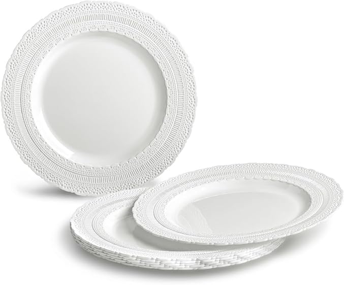 " OCCASIONS " 80 Plates Pack,(40 Guests) Extra Heavyweight Vintage Wedding Disposable/Reusable Plastic Plates 40 x 11'' Dinner + 40 x 8.25'' Salad/Dessert Plate (Chateau White)