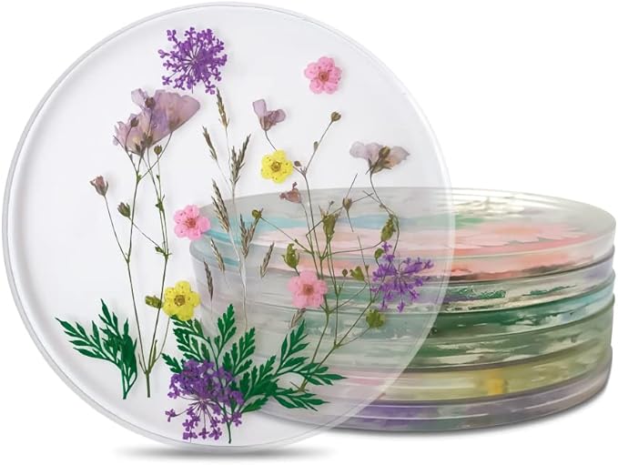 Drink Coasters Flower Cup Mat-Epoxy Resin Coasters with Colorful Natural Floral Reusable Round Kitchen Utensils for Dining Cups (Set of 4) (4, BD0001)