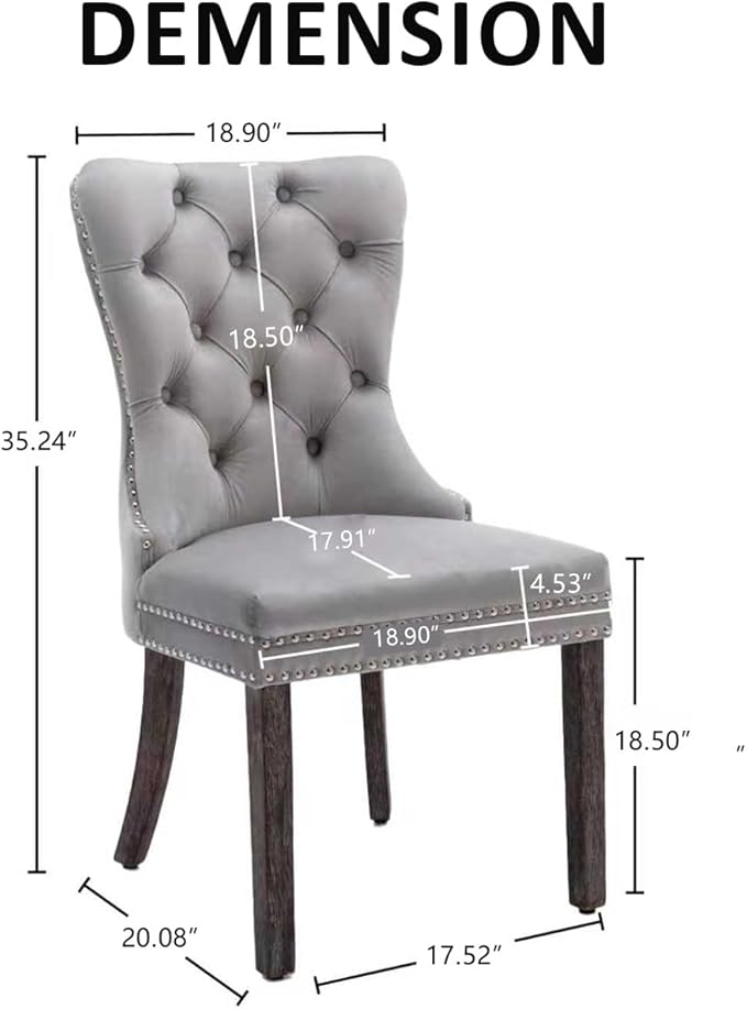 KCC Velvet Dining Chairs Set of 4, Upholstered High-end Tufted Dining Room Chair with Nailhead Back Ring Pull Trim Solid Wood Legs, Nikki Collection Modern Style for Kitchen, Light Grey