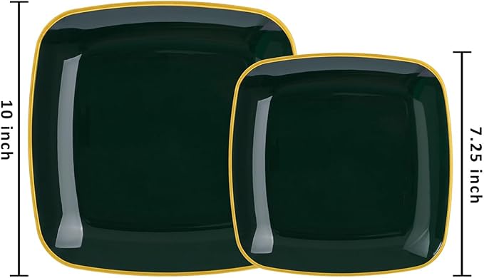 bUCLA 50PCS Green and Gold Plastic Plates - Green Gold Square Plastic Disposable Include 25 Each (Dinner & Dessert) Plates, Ideal for Party & Christmas