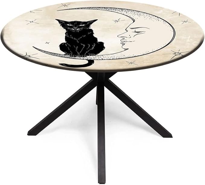 Elastic Tablecloth, Moon Decorative Fabric Table Cover for, Black Cat Sitting on White Crescent Moon, Fit Round Tables 23inch Diameter, for Indoor Outdoor Fits, Sand Brown Black