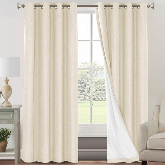 PrinceDeco Linen Texture Curtains 100% Blackout Curtains 90 inch Long 2 Panels Set Full Blackout Linen Curtains with Thermal Insulated Liner Noise Reducing, 52" Wide,90" Length,Bleached Sand