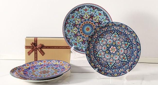 HASENSE Dinner Plate Set of 4, 10.5 Inch Porcelain Plates for Kitchen, Large Salad Plates for Steak, Dishes Set for Restaurant, Microwave, Oven & Dishwasher Safe for Christmas Gift, Bohemian
