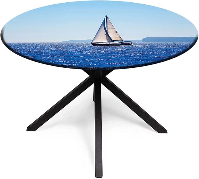 Round Tablecloth, Ocean Tablecloth for Side Table, Blue Mediterranean Sailboat Sailing in Round Tables 44inch Diameter, for Indoor Outdoor Fits, Blue