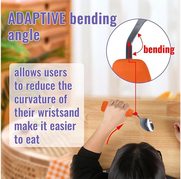 Adaptive Utensils Angled Spoon and Fork for Hand Tremors Parkinsons,Weighted Utensils with Non-Slip Easy Grip Handles for Independent Eating (1pcs Spoon+1pcs Fork=2 pcs,Orange,Left Hand)