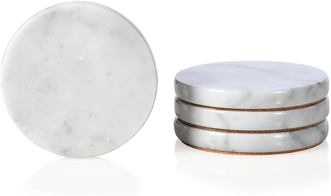 Real Natural Marble Coasters Set of 4, Carrara White Coaster 4 inch, Modern Round Stone, Trendy Drink Coasters for Coffee Table, Kitchen Decor, Office