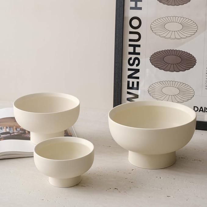 WENSHUO High-foot Deep Fruit Bowl, Ceramic Pedestal Decorative Bowl, Round Bowl for Salad, Small Size (Matte Crème, 6.7")