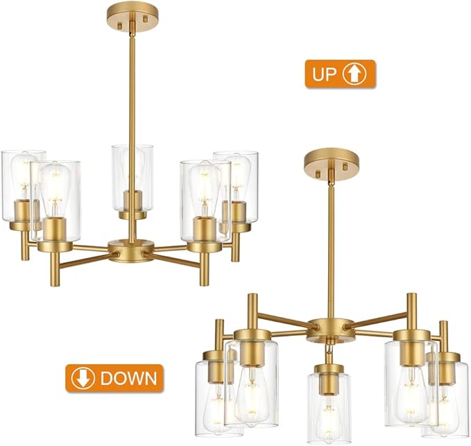 VINLUZ Retro Large Chandelier with Clear Glass Shade Metal Indoor Kitchen Island Pendant Lighting in Gold Finish Modern Light Fixture Hanging for Dining Room