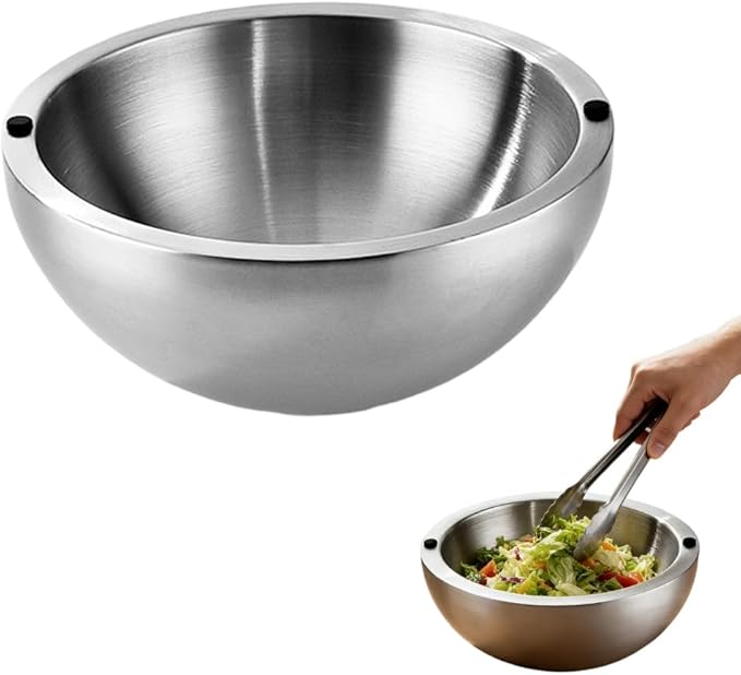 304 Stainless Steel Insulated Salad & Dipping Bowl, 2026 Double Wall Chill Serving Bowl with Ice/Hot Water, Insulated Dish Platter Keeps Salsa, Guacamole, Salad & Food (Caliber 24×11CM)