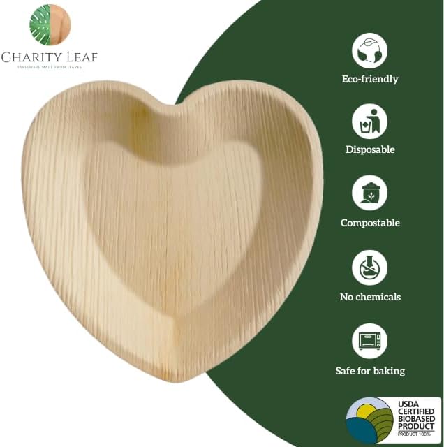 Charity Leaf Disposable Palm Leaf 8" Heart Plates (100 pieces) Bamboo Like Serving Platters, Disposable Boards, Eco-Friendly Dinnerware For Weddings, Catering, Events