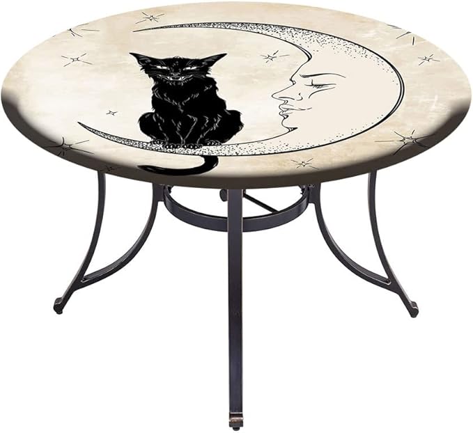 Elastic Tablecloth, Moon Decorative Fabric Table Cover for, Black Cat Sitting on White Crescent Moon, Fit Round Tables 48inch Diameter, Buffet Table/Parties/Holiday Dinner, Sand Brown Black