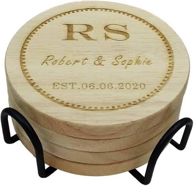 Personalized Wooden Coasters, Custom Engraved Monogram Coasters, Great Gifts for Relatives, Friends or Yourself (Set of 4)