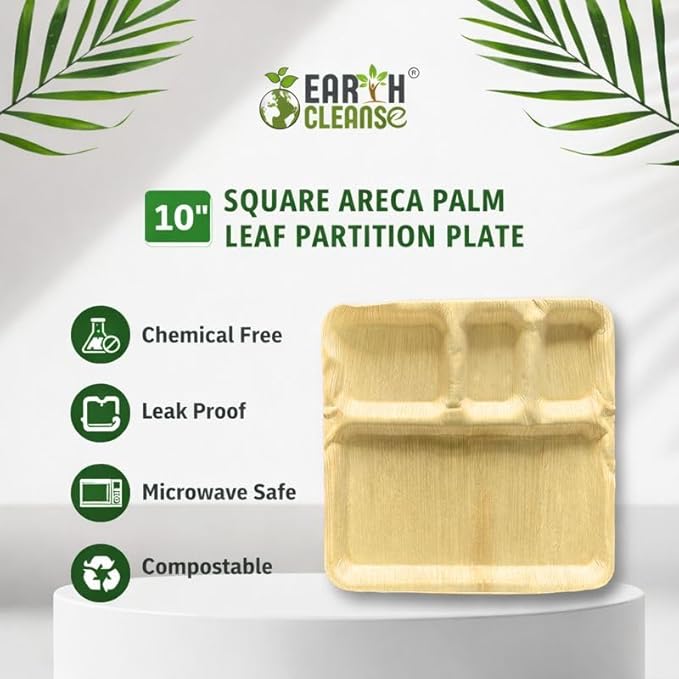 Areca Palm Leaf 10-Inch Square Compartment Plates (250 Count) – 100% Compostable, Biodegradable Like Bamboo Plates | Eco-Friendly Disposable Dinnerware | Microwave & Oven Safe