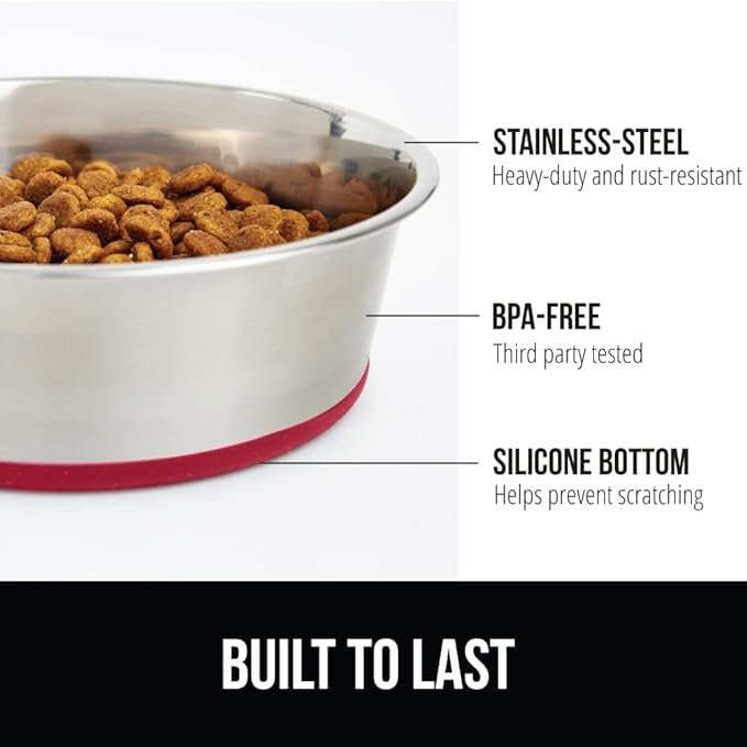 GORILLA GRIP Set of 2 Dog Bowls, Holds 8 Cups (64 fl oz), Heavy Duty Metal Food and Water Bowl for Feeding Dogs and Cats, Dishwasher Safe, Rust Resistant Stainless Steel, BPA Free Rubber Base, Red