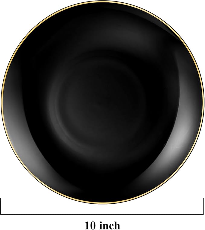 100 PCS Black Gold Plastic Plates, 10 inch Black Disposable Plates for Party, Plastic Dinner Plates for Party, Graduation, Birthday, Wedding