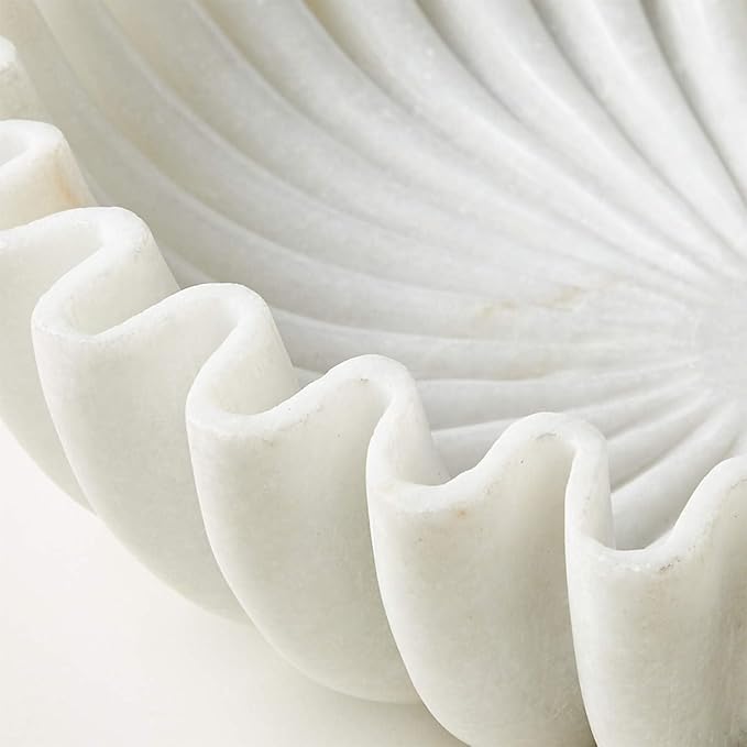 White Marble Scalloped Bowl 9 Inches for Table Centrepiece, Marble Fluted Bowl for Home Decor, Natural Stone Fruit Tray, Jewellery Display Dish