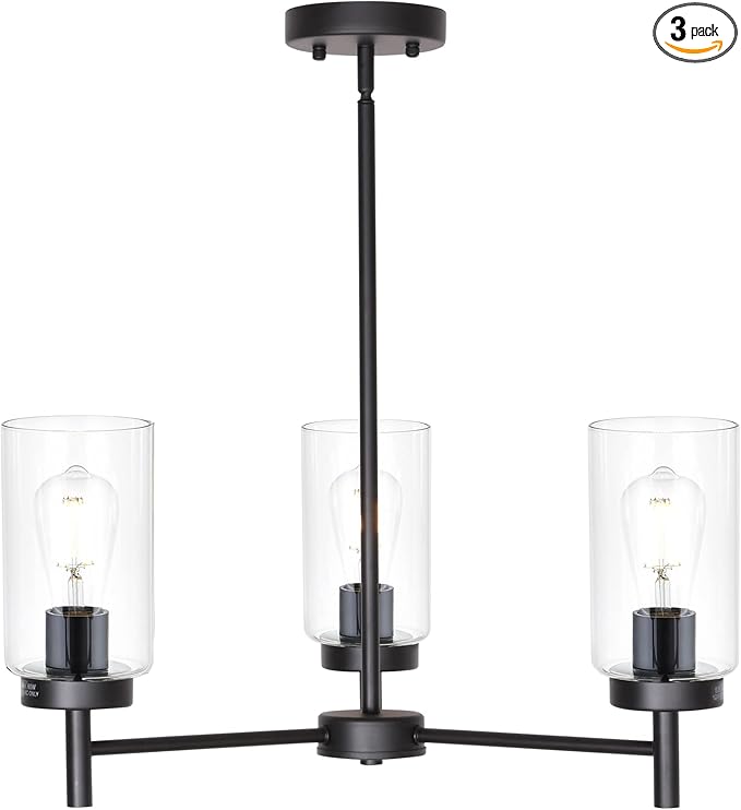 VINLUZ Farmhouse Chandeliers Black 3 Lights with Clear Glass Shades Modern Industrial Pendant Light Dining Room Lighting Fixtures Hanging Adjustable Wire Semi Flush Ceiling Lights