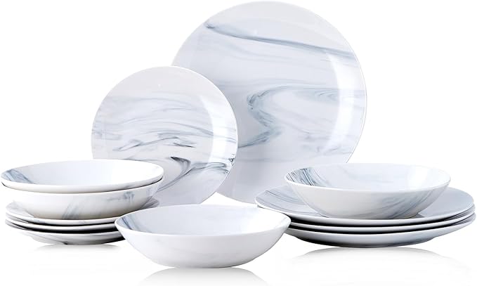 Bestone 12-Piece Round Kitchen Dinnerware Set, Plates, Bowls, Service for 4, Blue and White Marble