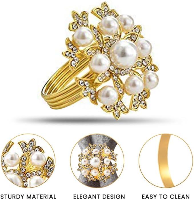 Decozen Set of 8 Gold Napkin Rings with Pearl Design, Festive, Table Decor Setting for Holiday, Wedding, Birthday, Kitchen, Home Decor, Housewarming Gift - Thanksgiving & Christmas Gift Decoration