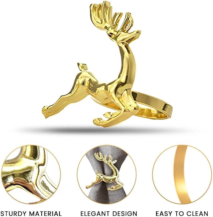 Decozen Set of 12 Gold Napkin Rings in Stag Design Festive Table Decor Setting for Holiday Wedding, Birthday, Kitchen, Home Decor Housewarming Gift - Thanksgiving & Christmas Gift Decoration